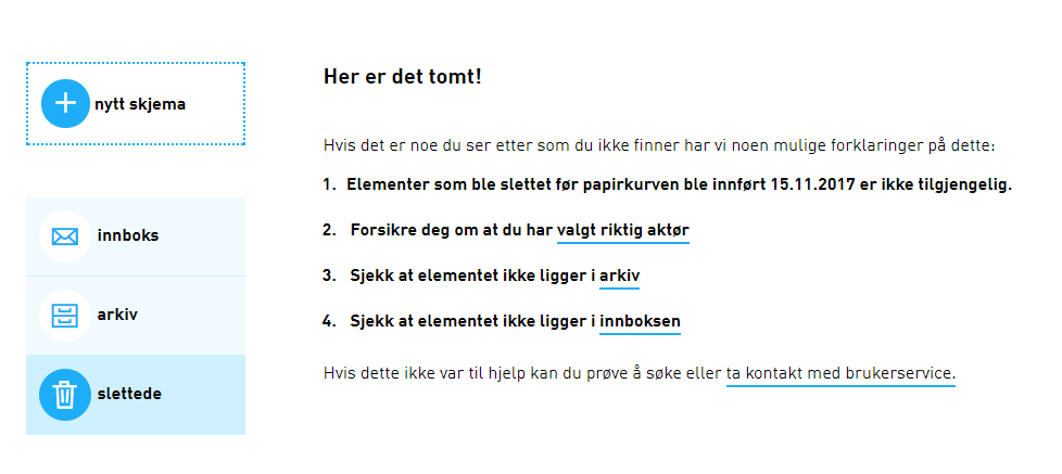 Bilde av side for papirkurv i Altinn