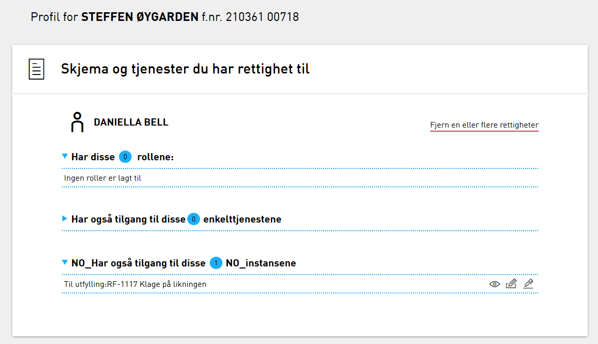 Se/slett delegeringer på skjema-instans nivå