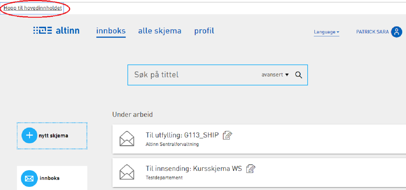 Skjermdump av lenke til navigering