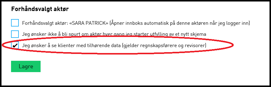 Skjermdump av innstillingene for forhåndsvalgt aktør