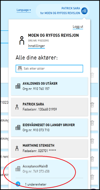 Skjermdump av aktørvalg i Altinn med underenheter