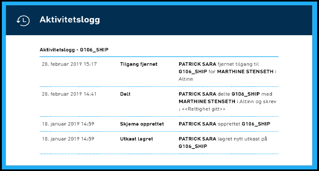 Eksempel på aktivitetslogg