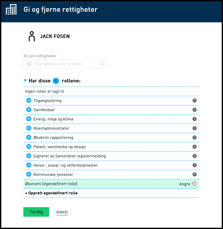 Liste som viser ny rolle